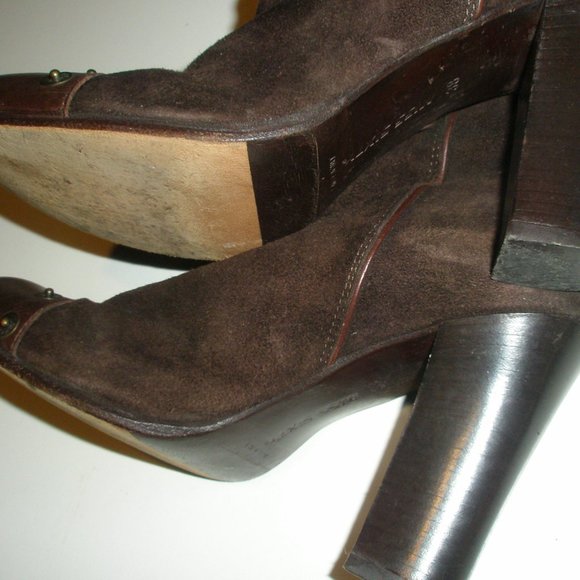 Miss Sixty 2004-05 38M Tall Brown Suede Grommet Embellished Stacked Heel Boots - Picture 12 of 14